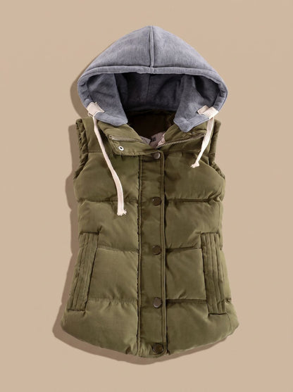 Damen Wattierter Bodywarmer mit Kontrastkapuze Druckknopfleiste - Olivgrün