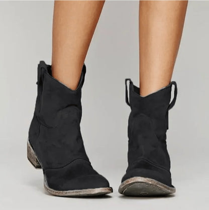 Damen Western Ankle Boots Wildleder Kniehohe Stiefel Flacher Absatz - Schwarz