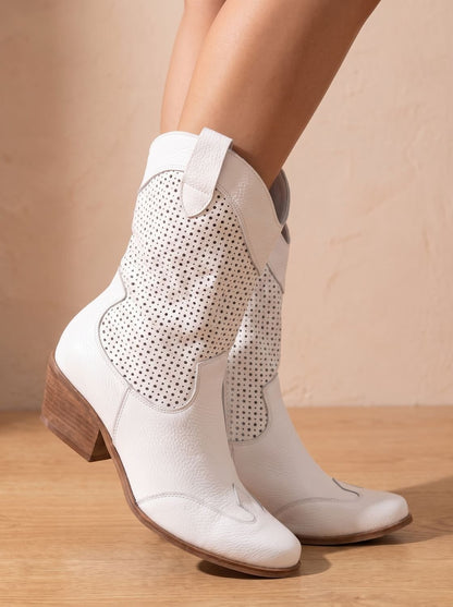 Damen Western Cowboy-Stiefel Perforierter Veloursleder-Look Blockabsatz