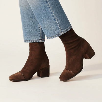 Damen Wildleder Ankle Boots mit Blockabsatz und Quadratzehenform