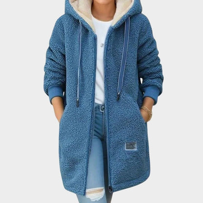 Damen Winterjacke warme Fleecejacke mit Kapuze und Reißverschluss - Blau