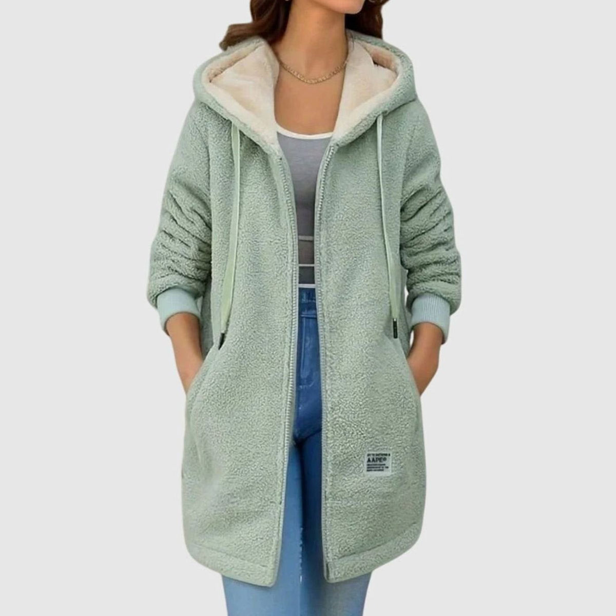 Damen Winterjacke warme Fleecejacke mit Kapuze und Reißverschluss - Grün