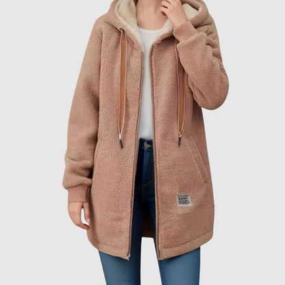 Damen Winterjacke warme Fleecejacke mit Kapuze und Reißverschluss - Braun