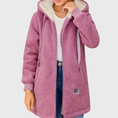Damen Winterjacke warme Fleecejacke mit Kapuze und Reißverschluss - Pink