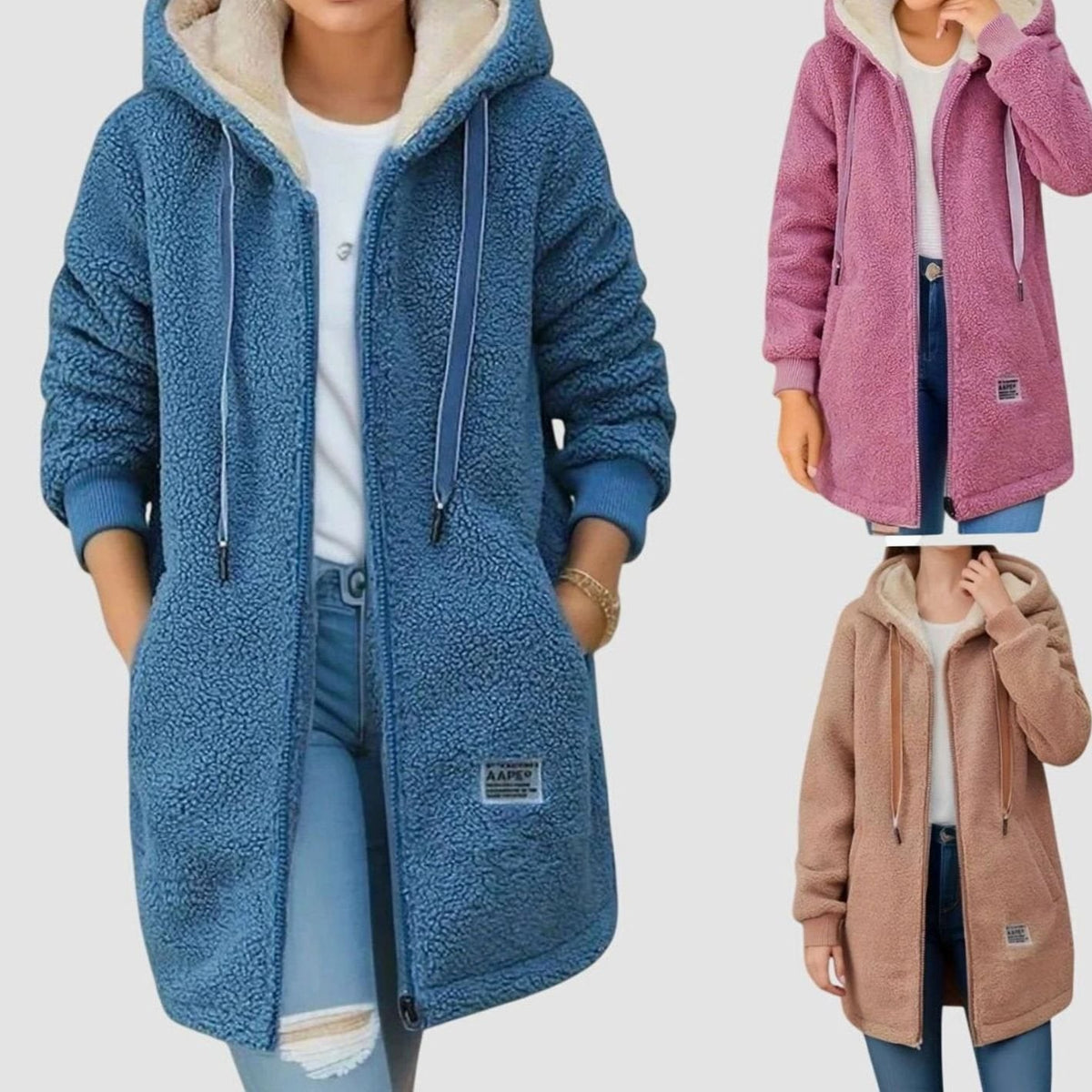 Damen Winterjacke warme Fleecejacke mit Kapuze und Reißverschluss