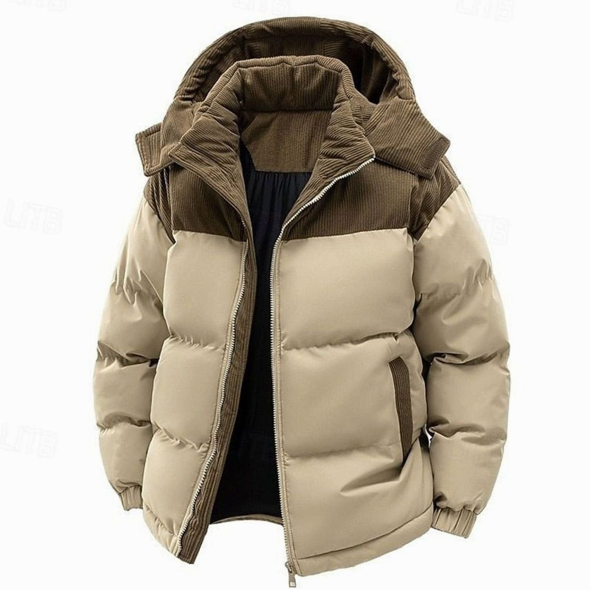 Damen Zweifarbige Steppjacke mit Kapuze Layering-Passform Winterjacke - Khaki