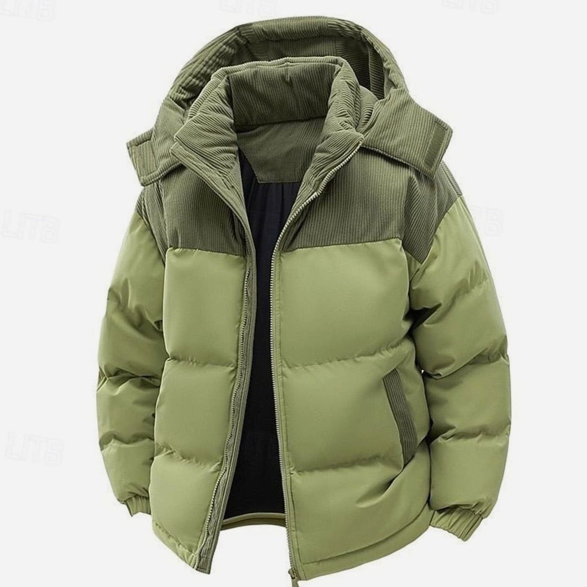Damen Zweifarbige Steppjacke mit Kapuze Layering-Passform Winterjacke - Grün