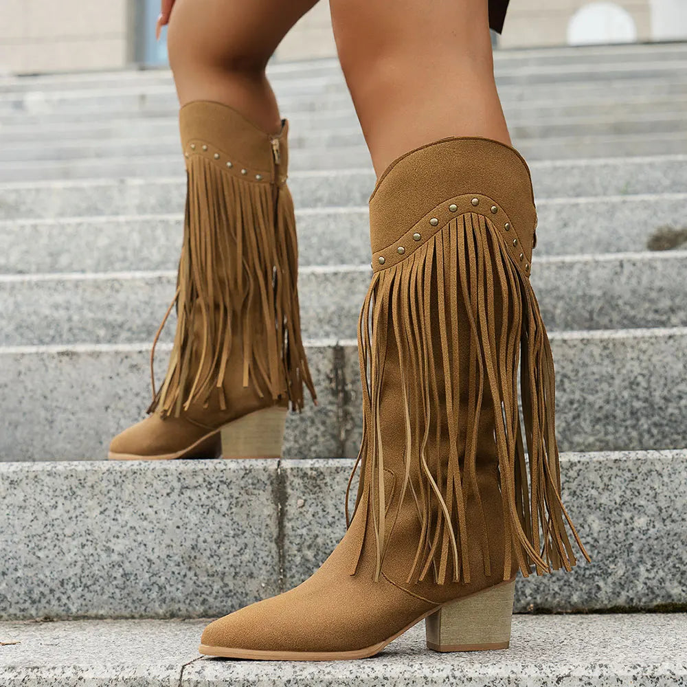 Dorle | Damen Cowboy Stiefel mit Fransen Westernstiefel - Brown - Image 7