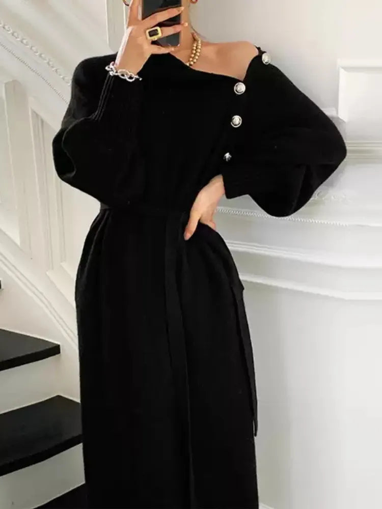 Damen Rollkragenkleid Strickkleid Knopfleiste Langarm 11