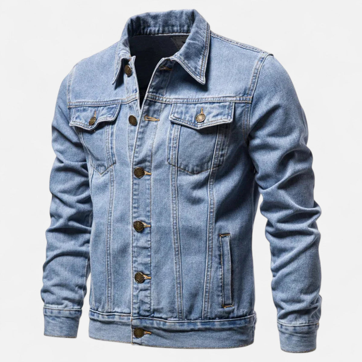 Men's slim fit denim jacket shown from the front