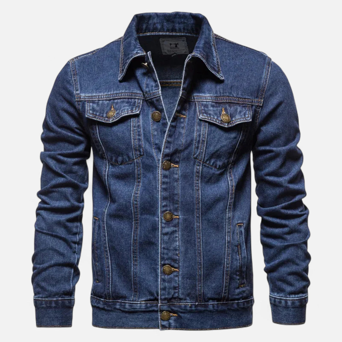Back view of a men's slim fit denim jacket