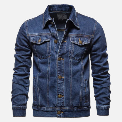 Back view of a men's slim fit denim jacket