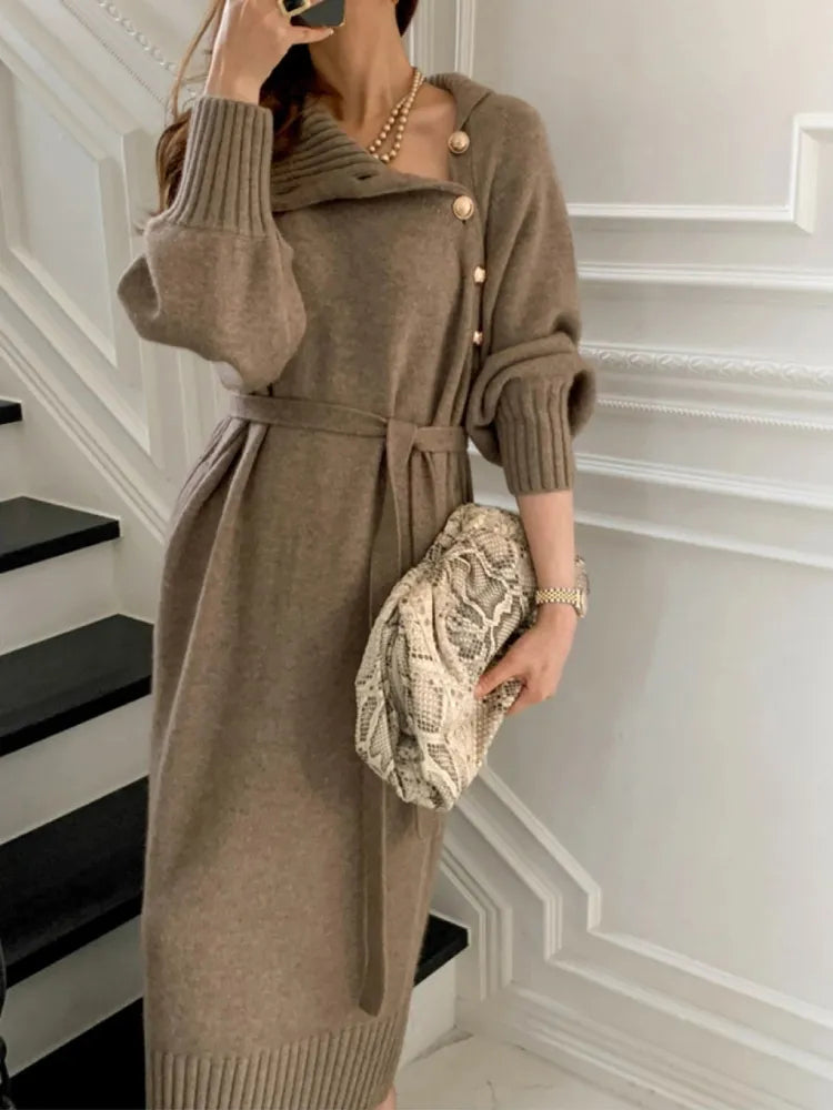 Damen Rollkragenkleid Strickkleid Knopfleiste Langarm 4