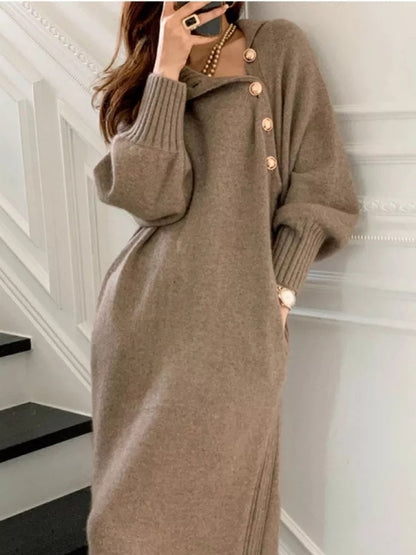 Damen Rollkragenkleid Strickkleid Knopfleiste Langarm 3