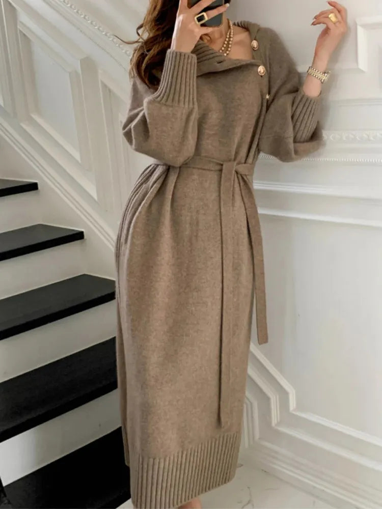Damen Rollkragenkleid Strickkleid Knopfleiste Langarm 1