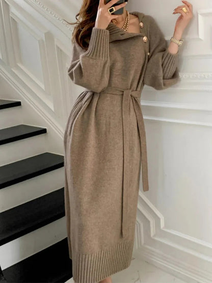 Damen Rollkragenkleid Strickkleid Knopfleiste Langarm 1