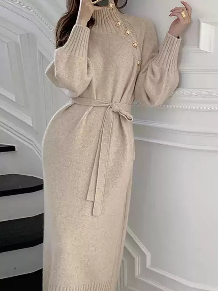 Damen Rollkragenkleid Strickkleid Knopfleiste Langarm 7