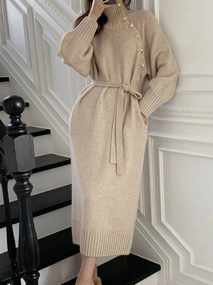 Damen Rollkragenkleid Strickkleid Knopfleiste Langarm 8