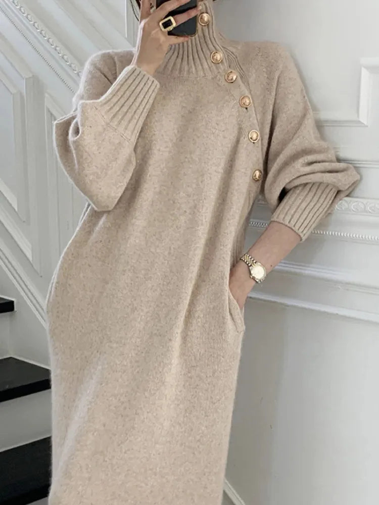 Damen Rollkragenkleid Strickkleid Knopfleiste Langarm 6