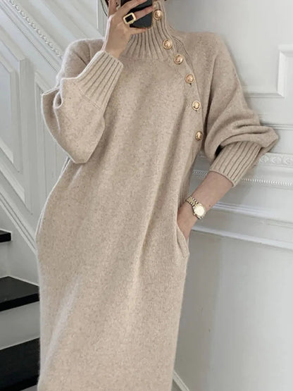 Damen Rollkragenkleid Strickkleid Knopfleiste Langarm 6
