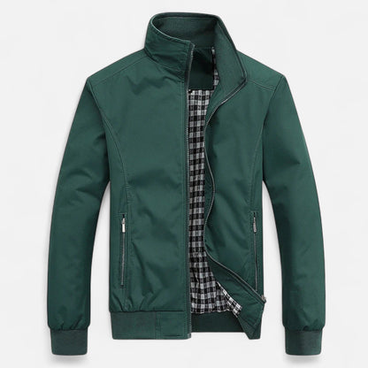 Close-up of the bomber jacket zipper and front pockets