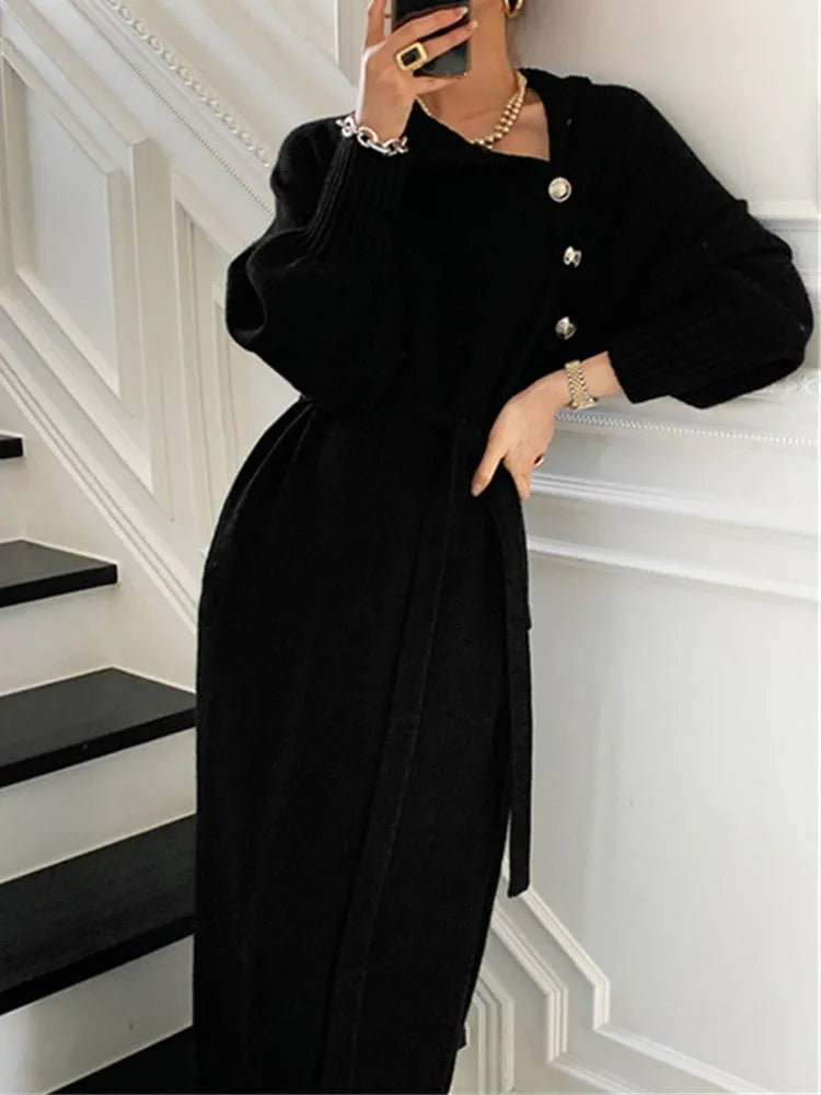 Damen Rollkragenkleid Strickkleid Knopfleiste Langarm 10
