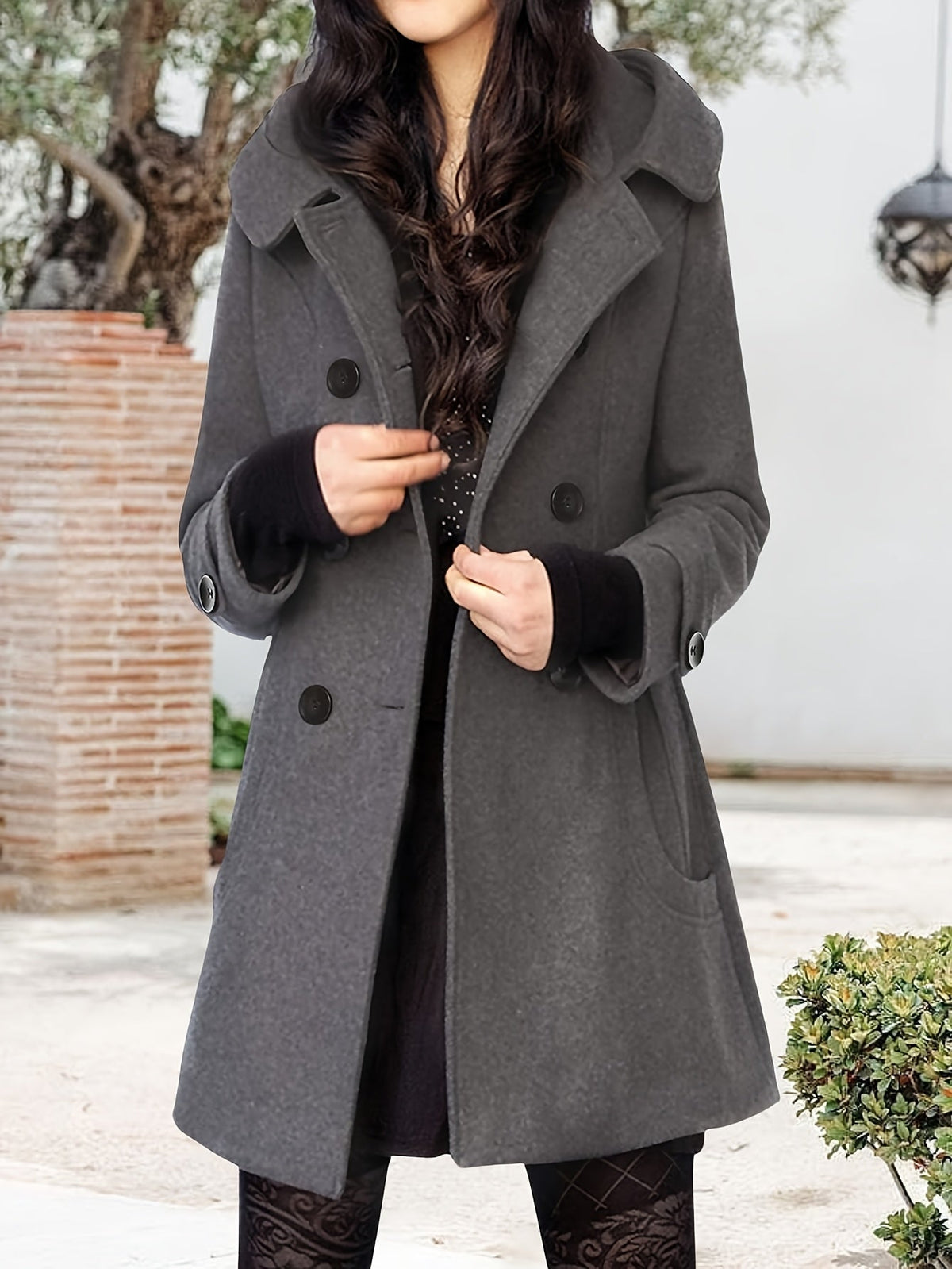 Gerswinda | Damen Zweireihiger Mantel Midi-Länge - Black - Image 8