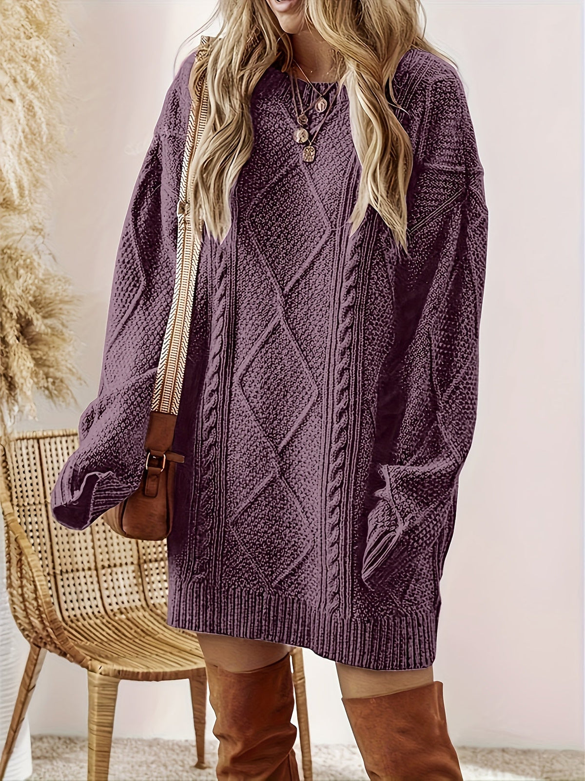 Edelborg | Damen Strickkleid mit Zopfmuster - Purple - Image 2