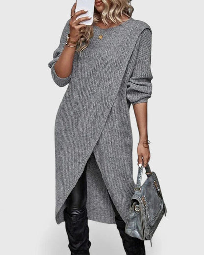 Edelswara | Damen Strickkleid Langarm Asymmetrisch - Grey - Image 1