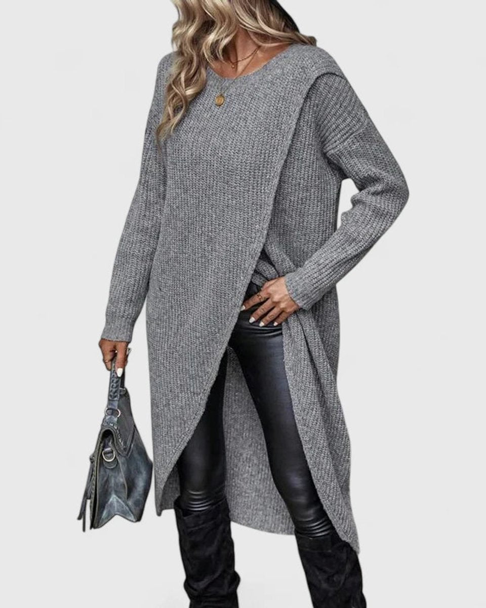 Edelswara | Damen Strickkleid Langarm Asymmetrisch - Grey - Image 5
