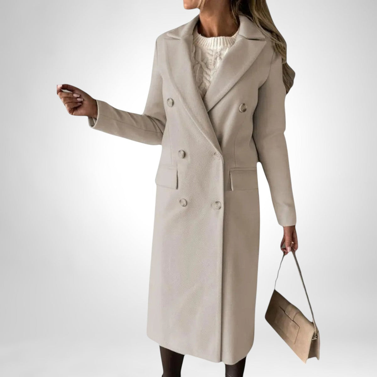 Edlmara | Damen Langer Wintermantel Doppelreihig - Taupe - Image 14