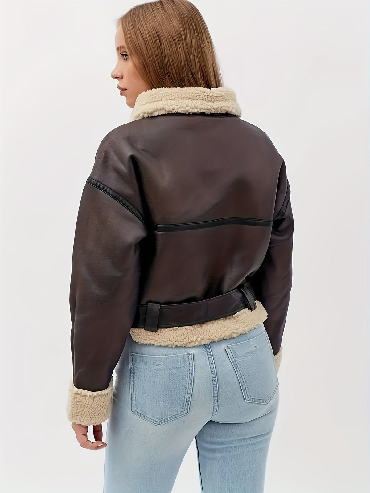 Edmara | Damen Kunstlederjacke Bikerjacke mit Fellkragen - Dark Brown - Image 2