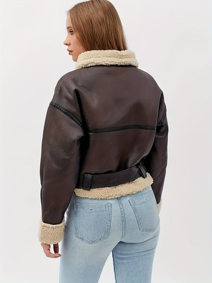 Edmara | Damen Kunstlederjacke Bikerjacke mit Fellkragen - Dark Brown - Image 2