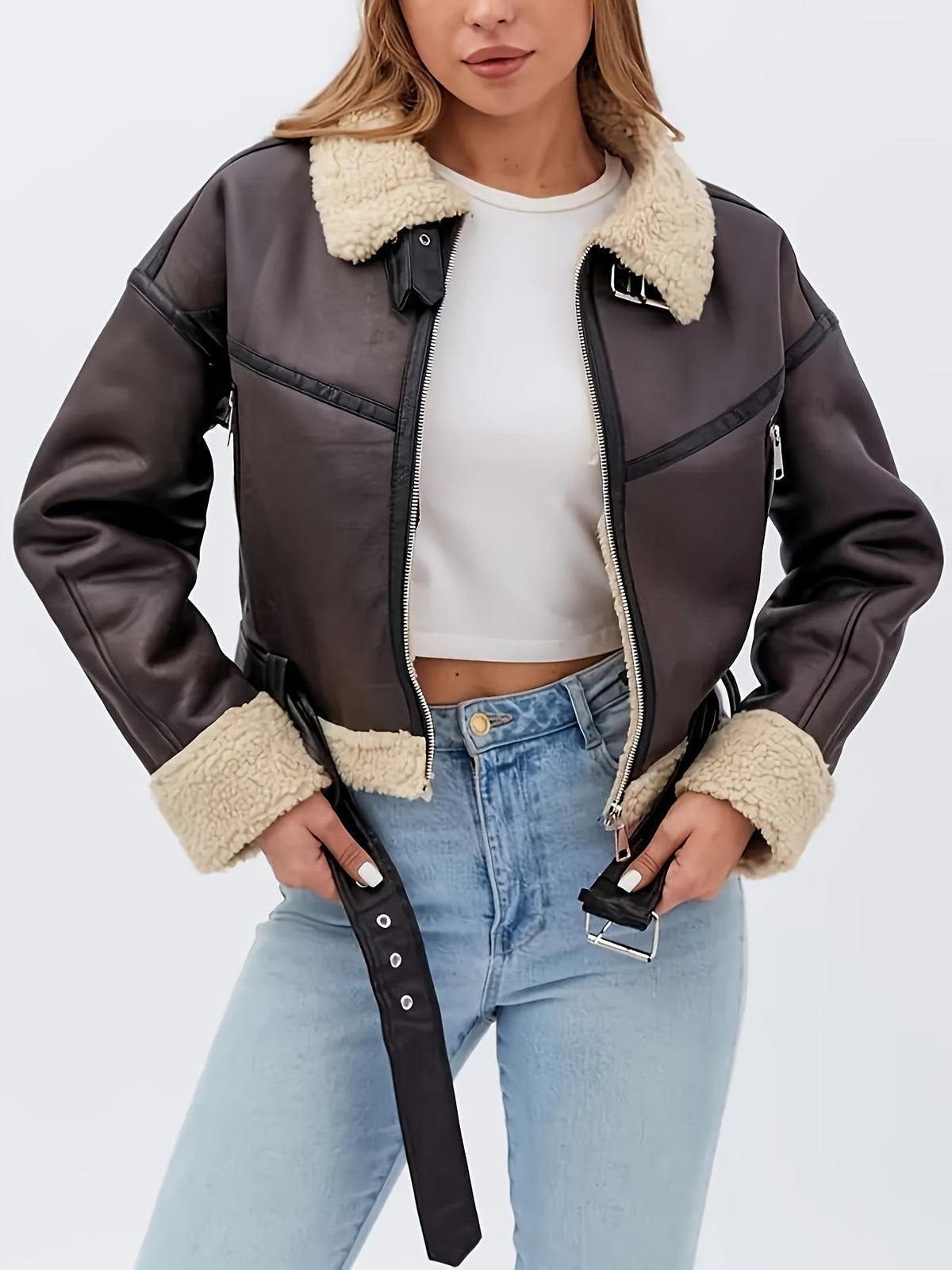 Edmara | Damen Kunstlederjacke Bikerjacke mit Fellkragen - Dark Brown - Image 4
