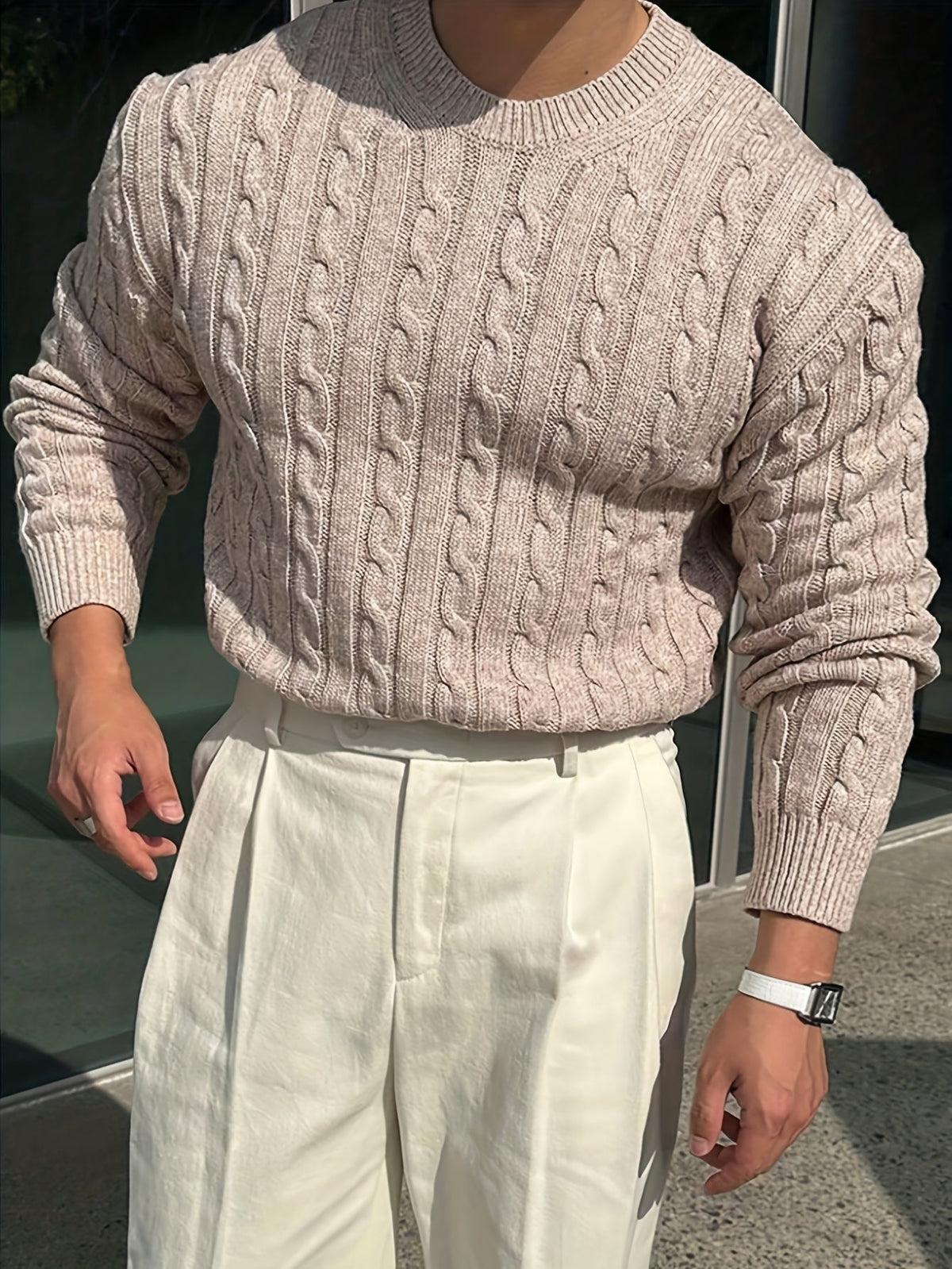Edvard | Herren Zopfmuster Strickpullover Rundhals - Light Grey - Image 5