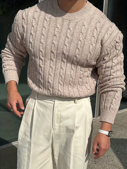 Edvard | Herren Zopfmuster Strickpullover Rundhals - Light Grey - Image 5