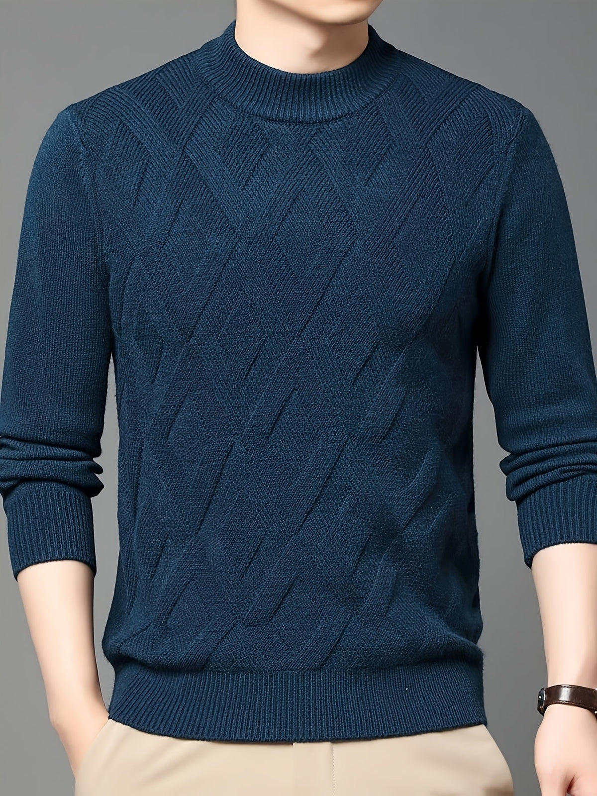 Eldmund | Herren Strickpullover Stehkragen Strukturmuster - Teal - Image 6