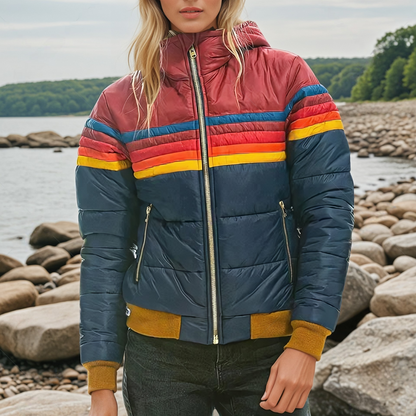 Eldora | Damen Steppjacke Retro Streifen Winterjacke mit Kapuze - Image 1