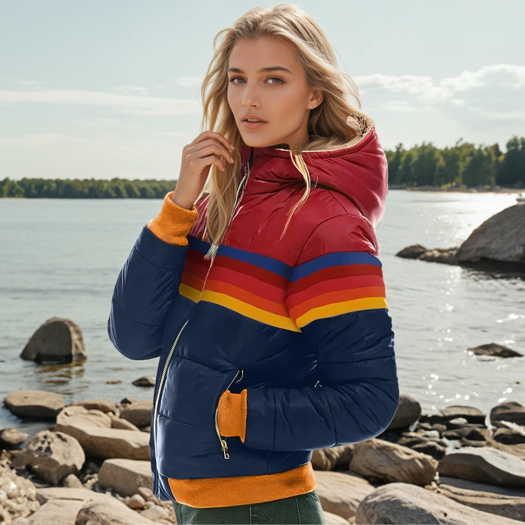 Eldora | Damen Steppjacke Retro Streifen Winterjacke mit Kapuze - Image 2