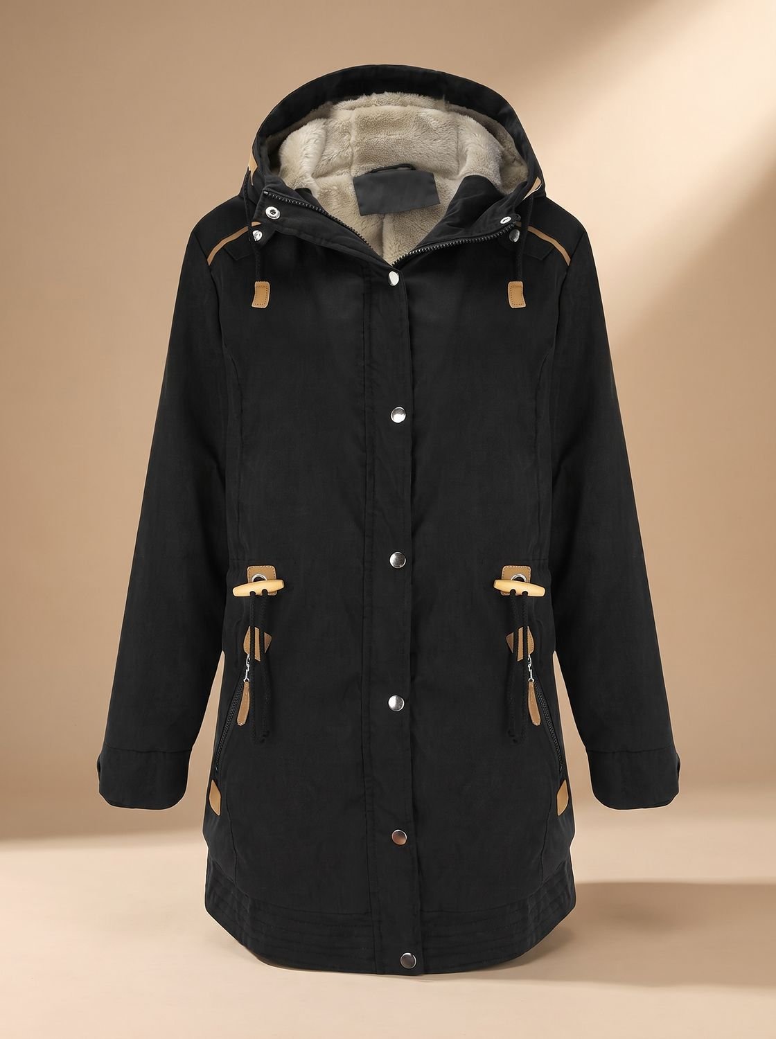 Eldvane | Damen Winterparka Fleece-Kapuze Tailliert - Black - Image 1