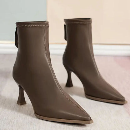 Elegante Kitten Heel Stiefeletten Damen Spitze Kunstleder Ankle Boots - Braun