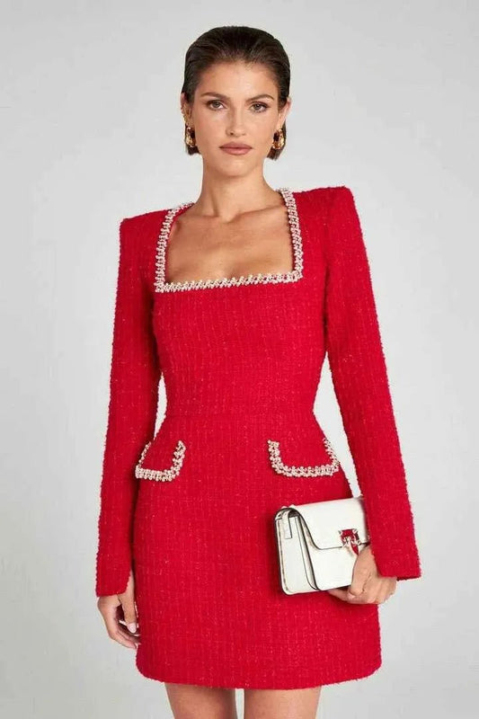Minikleid Damen | Tweed & Glamouröser Perlenbesatz