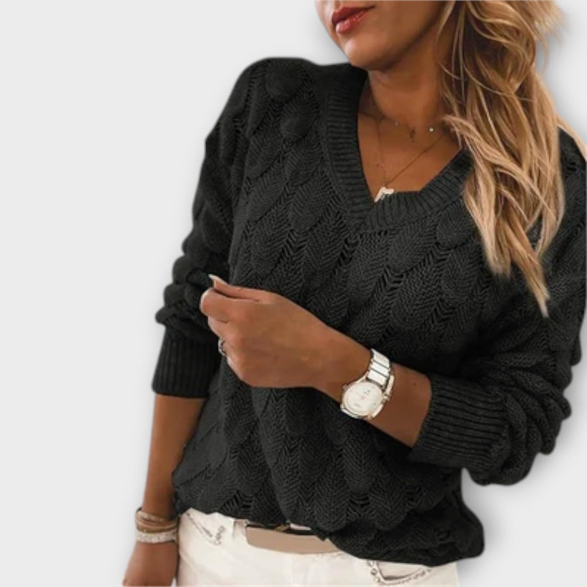 Fernike | Damen Strickpullover Wellenmuster V-Ausschnitt - Light Grey - Image 5