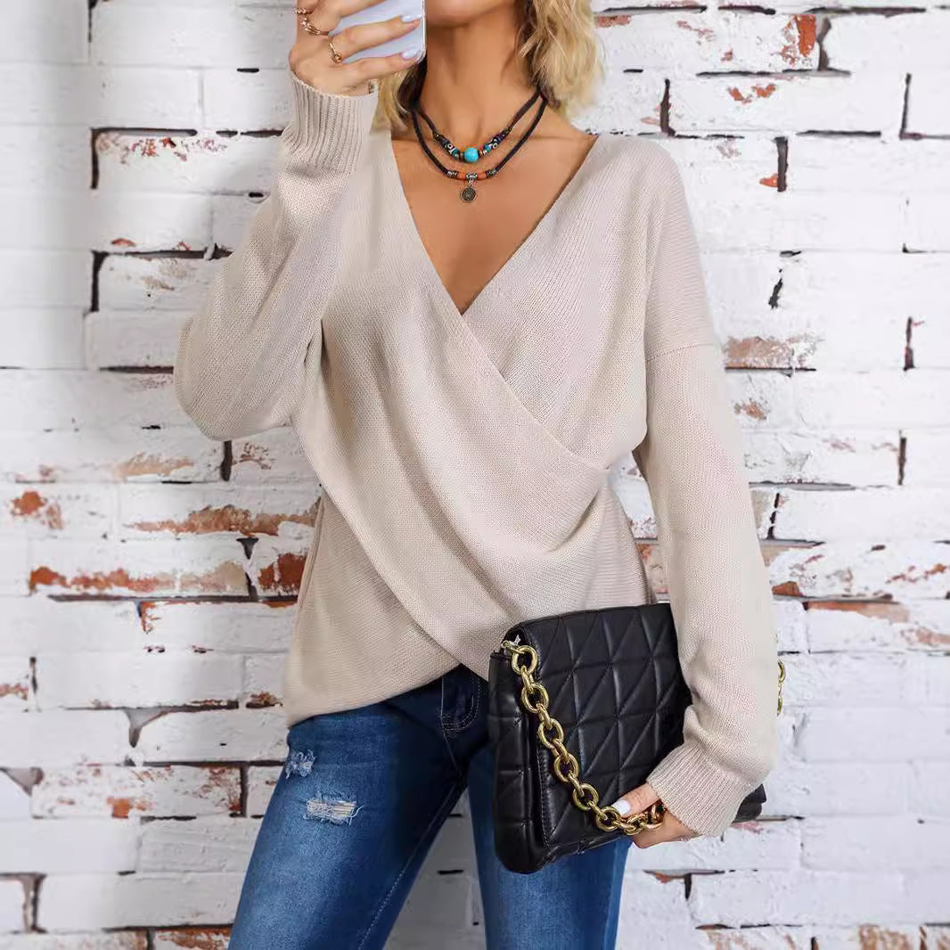 Fjelora | Damen Strickpullover Wickeloptik V-Ausschnitt - Beige - Image 7