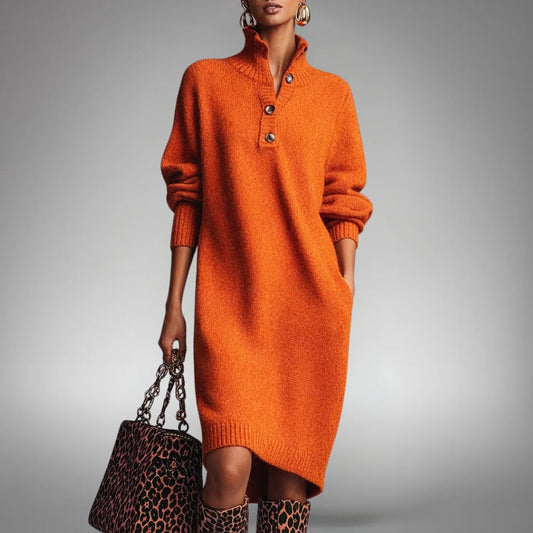 Fjorika | Damen Strickkleid Oversize Midi - Orange - Image 1