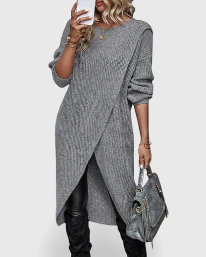 Freya | Damen Langes Strickkleid mit Wickelfront - Grey - Image 1