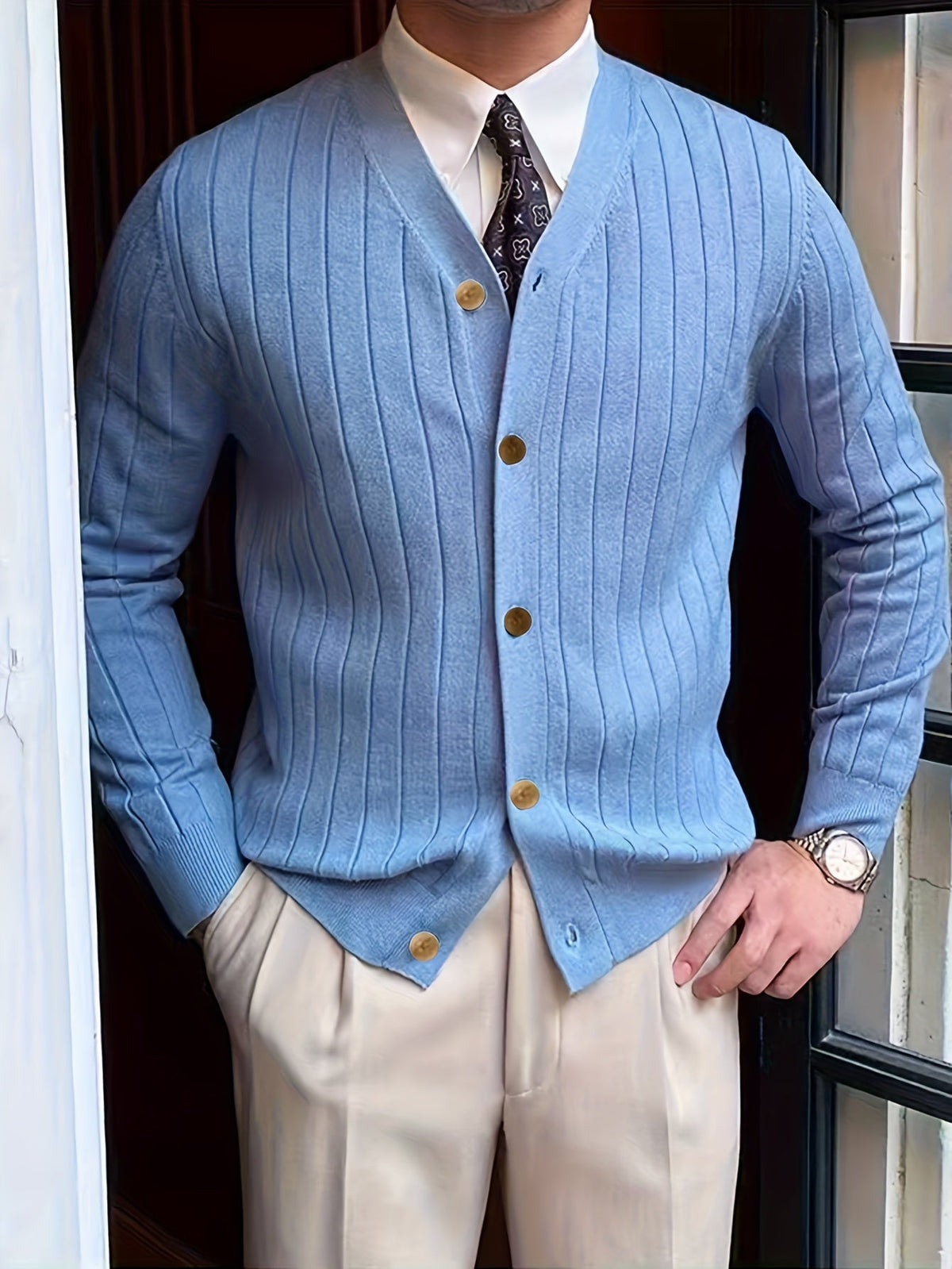 Gebhard | Herren Strickjacke V-Ausschnitt Cardigan - Light Blue - Image 2
