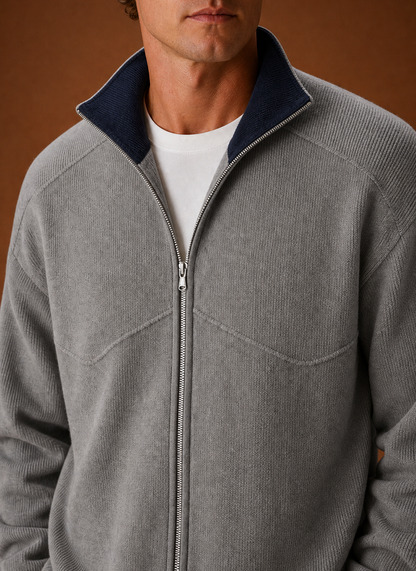 Men's cardigan sweater jacket styled as a versatile layering piece