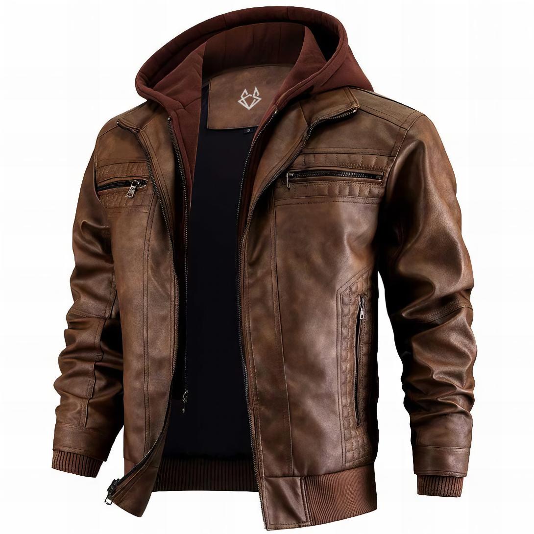 brown leather jacket with a hooded neck