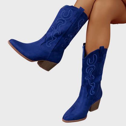 Gunda | Damen Westernstiefel Weiter Schaft Kniehohe Stiefel - Royal Blue - Image 1